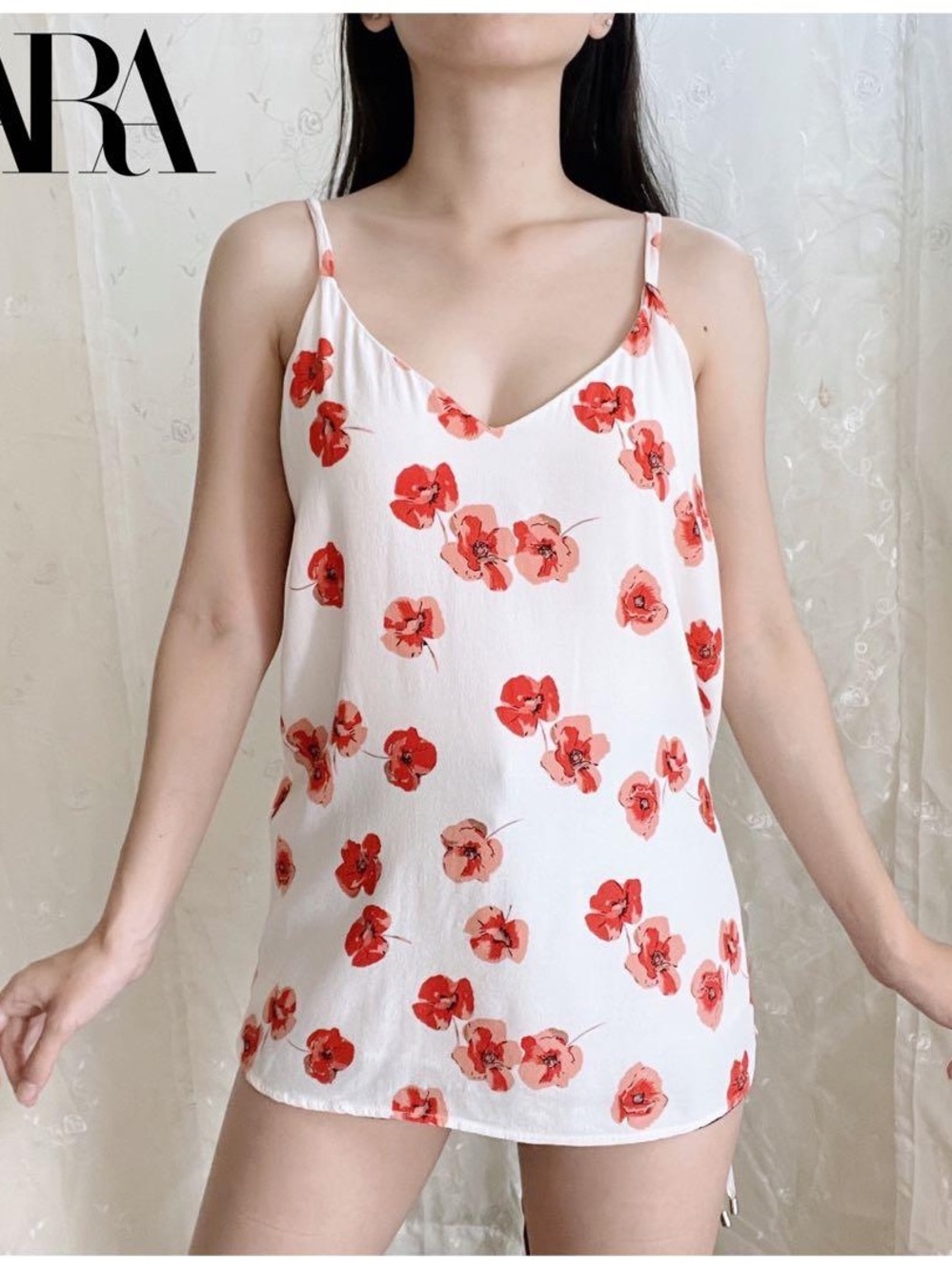 ZARA White Cami Top with Red Floral Poppy Print